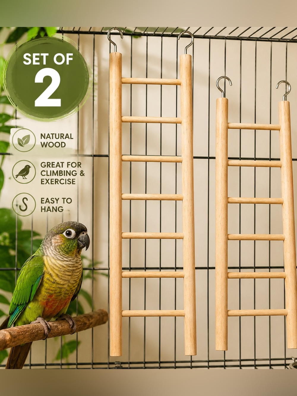 Set‎ of 2 Wooden Bird Cage Ladders Hanging Climbing Ladders for Parrots